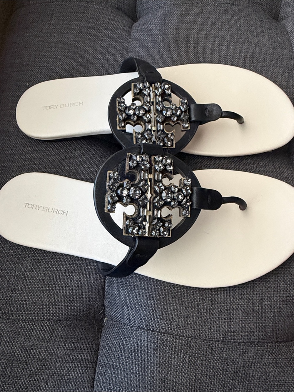 Tory Burch Black Jeweled Logo Thong Sandals with Cream Footbed - Picture 3 of 7